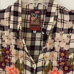 Johnny Was Multicolor Embroidered Plaid Button Down Shirt/duster